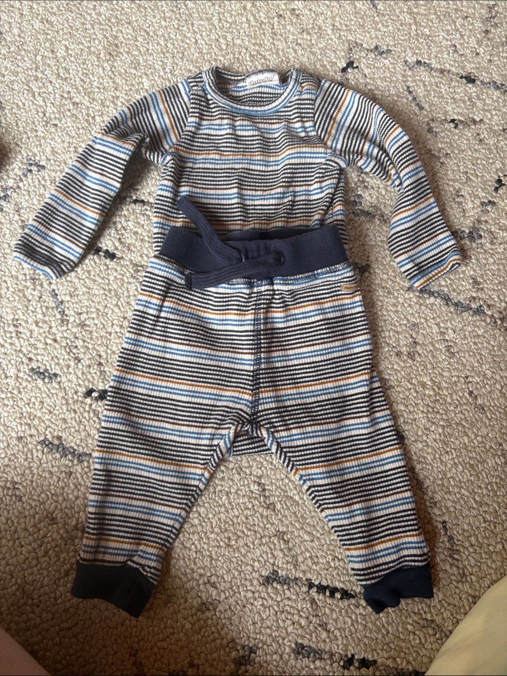 Minymo Kids Striped Knit Top & Pants Set in Navy, Light Blue, Tan